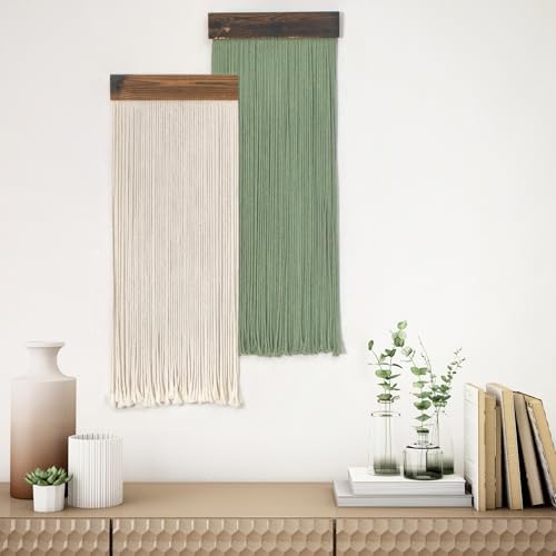 SCECALA Boho Green Macrame Wall Hanging - Set of 2, Handmade Bohemian Macrame Tapestry, Sage Green & White Yarn Decor for Living Room Bedroom, 30.7x11.8 inch - Image 4
