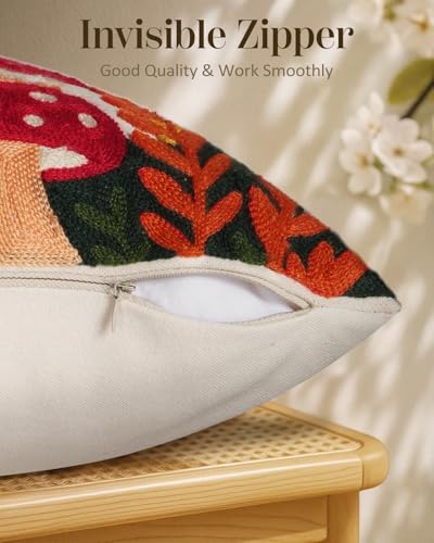 Embroidered Throw Pillow Cover 18x18 Inch - Spring Summer Boho Decorative Pillow Cover with Zipper for Living Room Couch Sofa Bed Aesthetic Design Mushroom Moon Cushion Pillowcase (Pack of 2) - Image 3