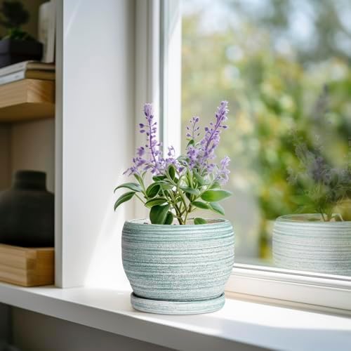 SQOWL Ceramic Plant Pots - 6 Inch Planter with Drainage Hole and Tray, Round Flower Pot for Indoor Plants, Decorative Succulent Planter Outdoor, Home House Decor, Gifts for Women Men, Green - Image 2