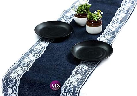 VDS Pack of 25, Burlap Table Runner with White Lace Edge, 100% Natural Jute Rustic Hessian Table Cloth Centerpiece for Wedding Birthday Party Banquet Table Decoration (Size 12X108 Inch)(Navy Blue) by VDS