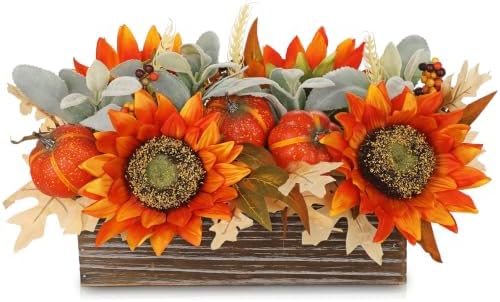 DILATATA Fall Decor Autumn Harvest Floral Centerpiece with Artificial Sunflowers Lambs Ear Gourd and Berries Arrangement for Thanksgiving Party Mantel Fall Decor by DILATATA