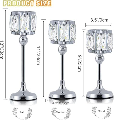 Crystal Tealight Candle Holders Set of 6 (9''/11''/13'') - Elegant Metal & Glass Centerpieces for Stunning Home Decor (Silver) - Image 2