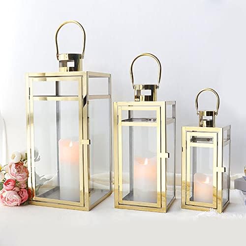 TRIROCKS Elegant Gold Stainless Steel Lantern Set- 3 Sizes (12", 15", 19") - Tempered Glass Panel Metal Lanterns for Versatile Indoor & Outdoor Decorating - Perfect for Celebrations by TRIROCKS