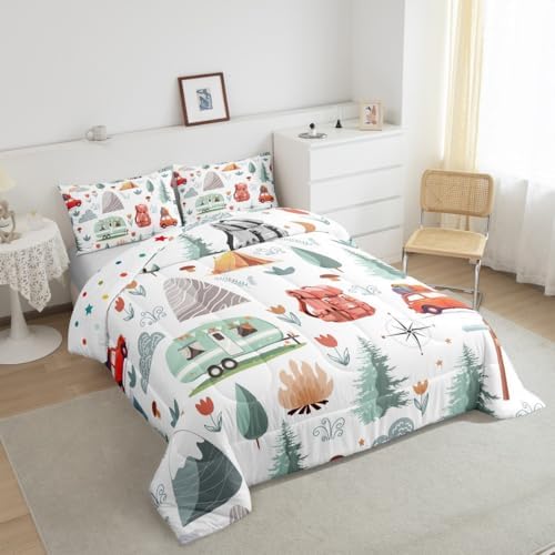 Kids Camper Theme Comforter Set Twin 2Pcs, Happy Camping Bedding Set, Travel Car Rv Accessories Down Comforter, Botanical Flowers Mountain Adventure Quilt, Cute Camper Duvet Insert Bedroom Decor - Image 2
