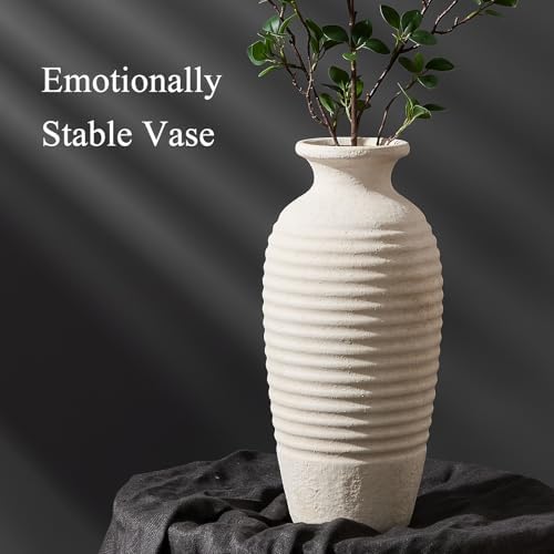 Vaseking Ceramic Natural Rustic Vase, 14.4 Inch Large Vintage Flower Threaded Decorative Farmhouse Tall Vase for Home Decor, Living Room, Shelf Decor, Wedding, Housewarming Gift, Off-White - Image 3