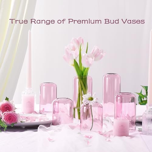 ZENS Bud Vases Set of 6, Pink Clear Small Glass Vase for Flowers. Modern Hand Blown Cylinder Glass Vase for Wedding Reception Centerpieces Living Room Decorative. - Image 4