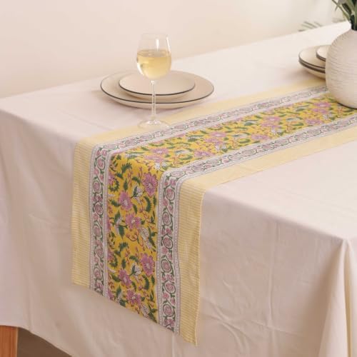 Hand Block Printed Cotton Table Runner, Machine Washable Cotton Runner, Boho Floral Centerpiece Accent for Dining Tables and Buffet Cabinets, 16x70 Inches - Yellow & Pink - Image 2