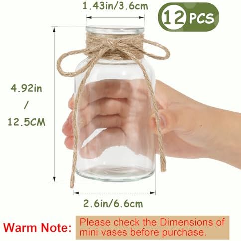 Glass Flower Vases for Centerpieces, 12Pcs Vintage Small Clear Bud Vase for Flowers Mini Crystal Decorative Bottle with Hemp Rope Bows for Housewarming Wedding Birthday Tabletop Decoration - Image 4