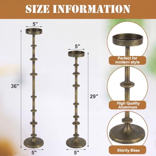 Maxdot Bronze Metal Pillar Candle Holder 36" 29" Tall Decorative Taper Candle Stand Set of 2 Vintage Floor Candlestick Holde for Housewarming Wedding Christmas Halloween Living Room - Image 2