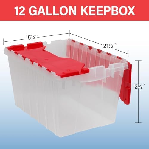 Akro-Mils KeepBox 12 Gal Storage Box, Lid Attached, Stackable, Clear/Red - Image 3