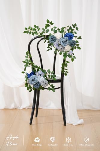 2pcs Blue & Grey Deluxe Welcome Sign Artificial Flowers Wedding Backdrop Garland Hanging Floral Arrangements for Ceremony Reception Entryway Board Sweetheart Table - Image 5