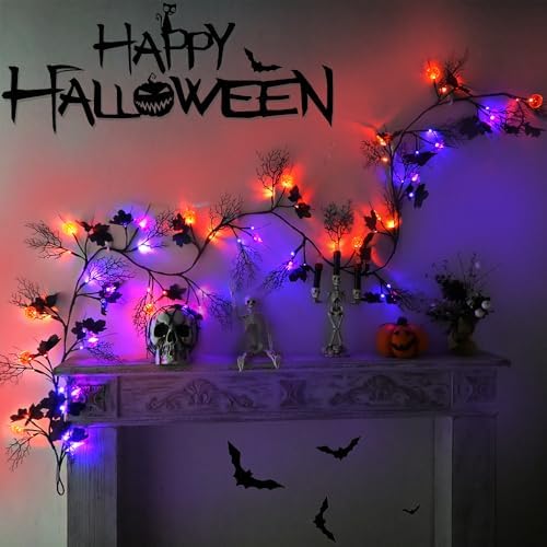2026 Halloween Decor Lights 8.86FT 72 LED Willow Vine Twig with Timer Battery Operated Garland Lights with Orange Pumpkins Purple Bats and Black Dead Branches Indoor Halloween Decorations for Home - Image 6