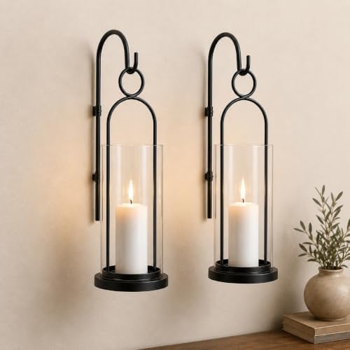 Black Wall Candle Sconces Set of 2, Candle Holder with Hurricane Glass by SUYUZUR