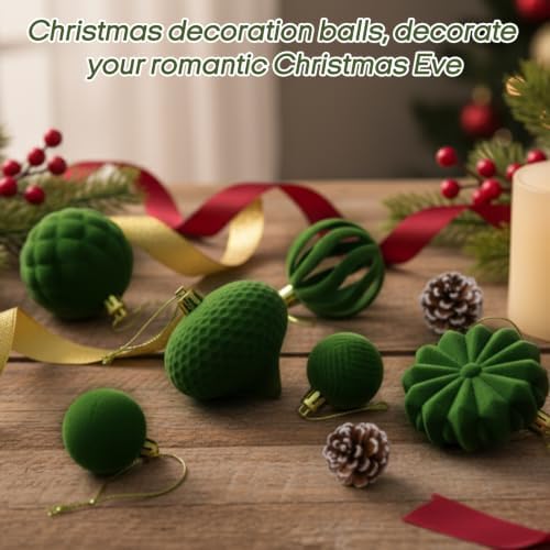 48 Pcs Velvet Christmas Ball Ornaments,Flocked Christmas Tree Decorations,Xmas Tree Decor,Hanging Balls Ornaments with Loop,Decoration for Xmas,Holiday,Wedding,Home Decor,Multi-Shape (Green) - Image 3