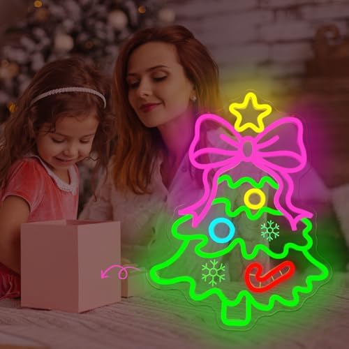 Christmas Neon Sign Pink Bow Christmas Tree Neon Sign for Wall Decor Xmas Tree Led Sign with Star Candy Neon Light Up Signs for Bedroom Window Holiday Door Xmas Party Home Decoration Winter Porch - Image 7