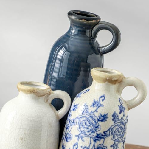 Ceramic Vase Set of 3 with Handle, Vintage Rustic Vases Home Decor Farmhouse Decorative Vase Pottery Decor Modern for Table Mantel Entryway Bookshelf Living Room Kitchen Bedroom - Blue - Image 5