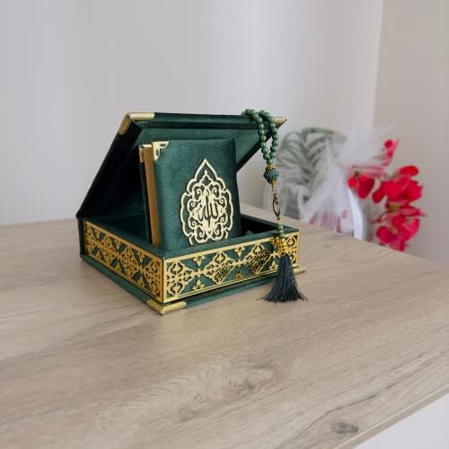 VOGUEHOMEDECOR Velvet Covered Quran Tasbeeh Islamic Gift Set | Holy Prayer Beads Wooden Box Birthday, Wedding Islam Graduation Muslim Favor Eid, Ramadan (Green), Small Size / (6 x 6 in) Box-(3.8 4.85 - Image 2