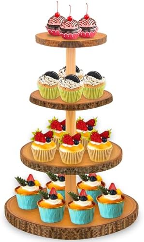 Cupcake Stand Wood Dessert Stands 4 Tier Wooden Cupcake Stand - Large Capacity, Bark-Covered, Varnished, Multi-Functional for Weddings, Baby Showers, and Parties. by SogYupk