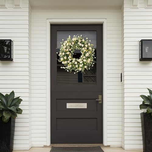Sggvecsy White Daisy Wreath 24 Inch with Fake Silk Floral Green Eucalyptus Leaves and Lavender for Spring Summer Front Door Window Wall Wedding Farmhouse Festival Decor - Image 3