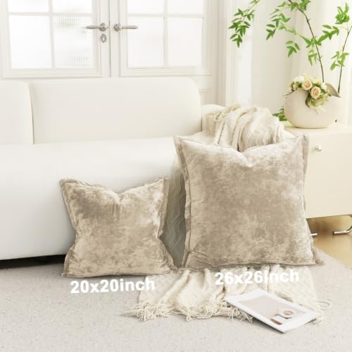 Greek Velvet Euro Sham Covers Set of 2 26x26 Luxury Soft Solid Pillow Covers for Living Room Bedroom Yard,Beige - Image 3