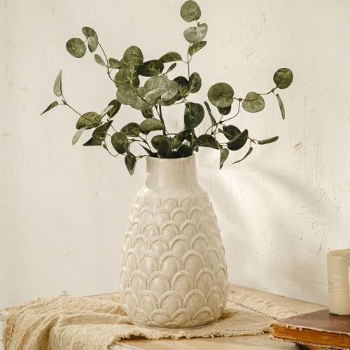 Ceramic Flower Vase, 9.06” Rustic Farmhouse Decorative Vase for Home Decor, Beige Textured Pottery Vase for Pampas Grass, Living Room, Entryway, Mantel, Kitchen Table, Centerpiece - Image 2
