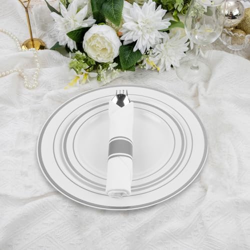 M MCIRCO ﻿175 Piece Silver Dinnerware Set,25 Silver Rim Plastic Plates, 25 Cups,25 Pre Rolled Napkins with Plastic Silverware, Disposable Dinnerware Set for 25 Guest - Image 5
