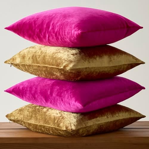 GIGIZAZA Pack of 4 Decorative Velvet Pillow Covers 18x18 Hot Pink Gold - Image 4