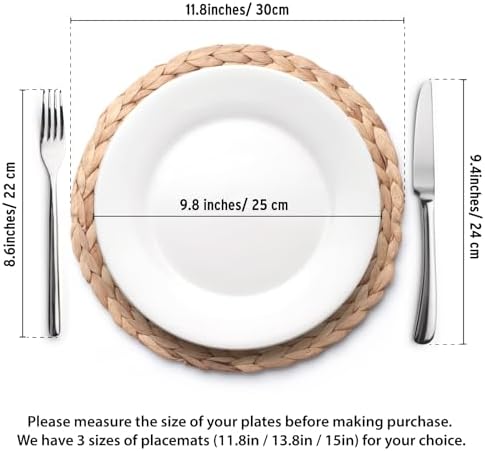 YANGQIHOME 6 Pack, Round Woven Placemats, Natural Water Hyacinth Wicker Place mats, Braided Straw Table Mats, Charger Plates for Dining Table, Fall, Thanksgiving, Christmas (11.8 inch) - Image 6