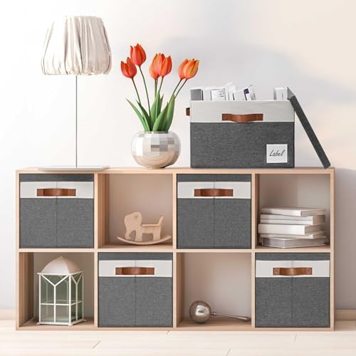 GhvyenntteS Storage Bins with Lids 3 Pack, Large Storage Baskets with Lids and Label, Foldable Fabric Storage Boxes with 3 PU Handles for Organizing Shelves Home Nursery Office (Grey, 15x11x9.6) - Image 4