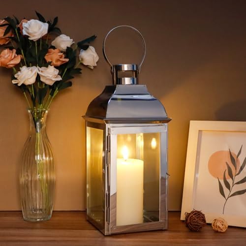 JHY DESIGN Silver Decorative Lanterns 12.5''High Stainless Steel Candle Lanterns with Tempered Glass for Indoor Outdoor Events Parities and Weddings Vintage Style Hanging Lamps - Image 4