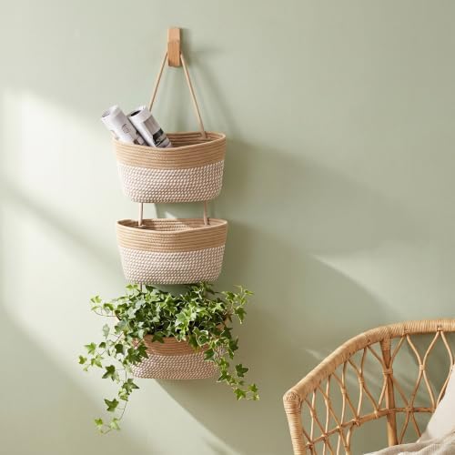 Over the Door Hanging Basket for Organizing 3 Tiers Woven Cotton Rope Wall Mount Storage basket Decorative Kitchen Hanging Organizer Bathroom include 1 door hook Flaxen Stripe - Image 4