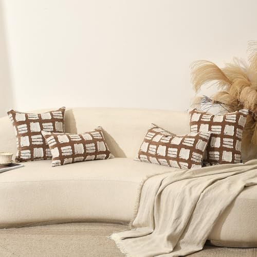 Decorative Boho Body Pillow Cover 14x24, Brown White Abstract Grid Lumbar Pillow Covers, Farmhouse Pillows Cushion Cover for Bed Sofa Bedroom Living Room - Image 6