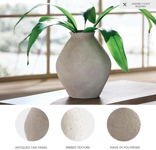 Signature Design by Ashley 12-Inch Ribbed Resin Decorative Vase, Tan Finish - Image 3