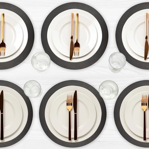 Placemats Set of 6 – Round 15” Faux Leather Table Mats for Dining, Heat Resistant & Non-Slip Washable Table Decor, Indoor, Outdoor, Dining Table Set for 6, Modern Kitchen & Holiday Use,Black by Homewear