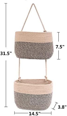 Over The Door Hanging Basket, 2 Tier Cotton Rope Woven Wall Basket, Magazine Racks Hanging Organizer, Decorative Hanging Storage Baskets for Organizing Living Room, Bathroom and Bedroom (Jute-black) - Image 3