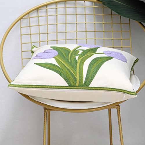 Pack of 2 Embroidered Decorative Throw Pillow Cover 18x18 Inch Farmhouse Floral Pillowcase for Living Room Sofa Bed (Purple Tulip) - Image 6