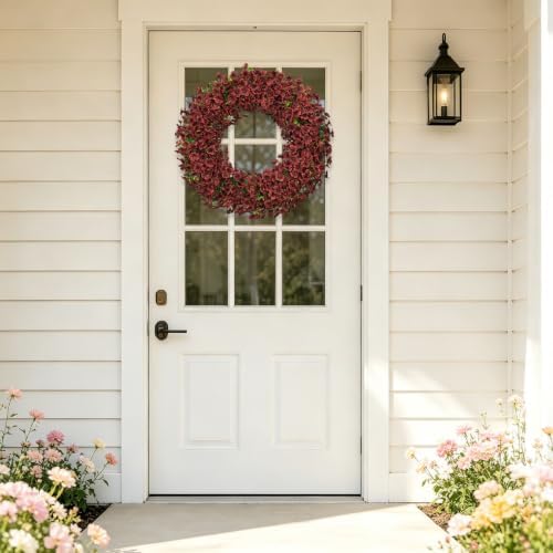 24" Burgundy Artificial Floral Wreath for Front Door Outside All Seasons - Image 6