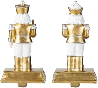 Glitzhome Nutcracker Christmas Stocking Holders, Set of 2 Gold and White Polyresin Mantel Hooks for Fireplace, Holiday Decor with Non-Slip Base - Image 2