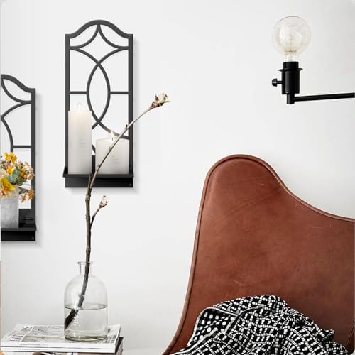 Candle Wall Sconces Set of 2, Black Metal Wall Art Decor for Living Room, Dining Room, Bedroom, Bathroom (16.5 x 7 in) - Image 7