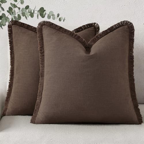 decorUhome Linen Fringe Chocolate Throw Pillow Covers 24x24 Set of 2 by decorUhome