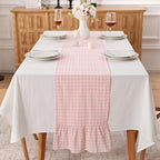 Peachy Blush White Plaid Gingham Ruffle Table Runner Cabinet Cover 13"x108" by KMASANIJI
