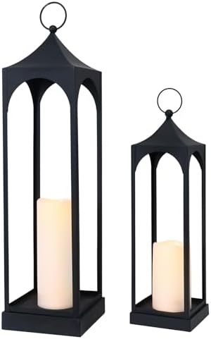 LED Lanterns Decorative Outdoor&Indoor, 23'' 16‘’ Large Black Lanterns Set with 2 Flameless Candles, Metal Holders for Porch, Patio, Garden, Home, Fireplace, Spring Decorations Decor by DECORKEY