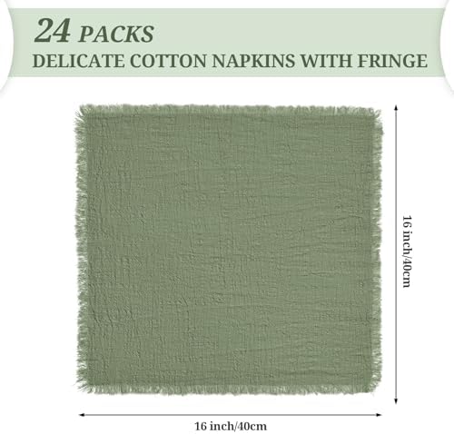 Pesonlook 24 Pcs Olive Green Cotton Linen Napkins with Fringe, 16x16 Inches - Image 2