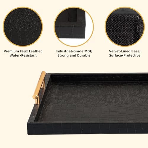 Modern Elegant Large Wood Serving Tray, Set of 2 Black Crocodile Leather with Gold Polished Metal Handles, Home Decorative Rectangle Ottoman Decor Platter Living Room Bathroom Vanity Tray - Image 3