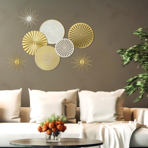 Lingvee White Gold 8 Pcs Wall Decor Round Modern Metal Plate Art - Image 5
