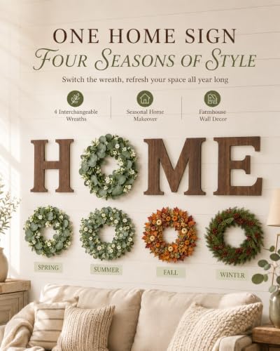 Wood HOME Sign with 4 Seasonal Wreaths, Farmhouse Wall Decor Set - Image 2