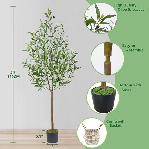 Warmplants Artificial Olive Tree 5ft Fake Plant with Woven Basket - Image 4