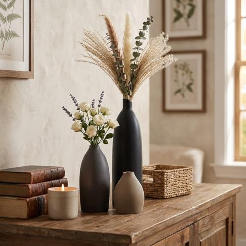 Ceramic Vase Set of 3, Matte Black Gray Taupe Vases, Modern Farmhouse Minimalist Decor, Waterproof Decorative Vases for Home, Shelf Mantel Table Centerpieces - Image 3