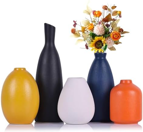 Colorful Ceramic Bud Vases Set of 5 - Modern Yellow, Orange, Blue Small Vases for Home Decor - Ideal for Living Room, Kitchen, Office, Bathroom, Mantle, Entrance, Farmhouse & Coffee Table Decorations by QIANLING