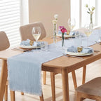 KINGSTONE 14 x 72 Inches Frayed Edge Table Runner, 270G Heavyweight Sand Washed Slub Texture Cotton Linen for Modern Farmhouse, Rustic Home Decorations Dining Room Wedding Boho Decor, Light Blue - Image 3